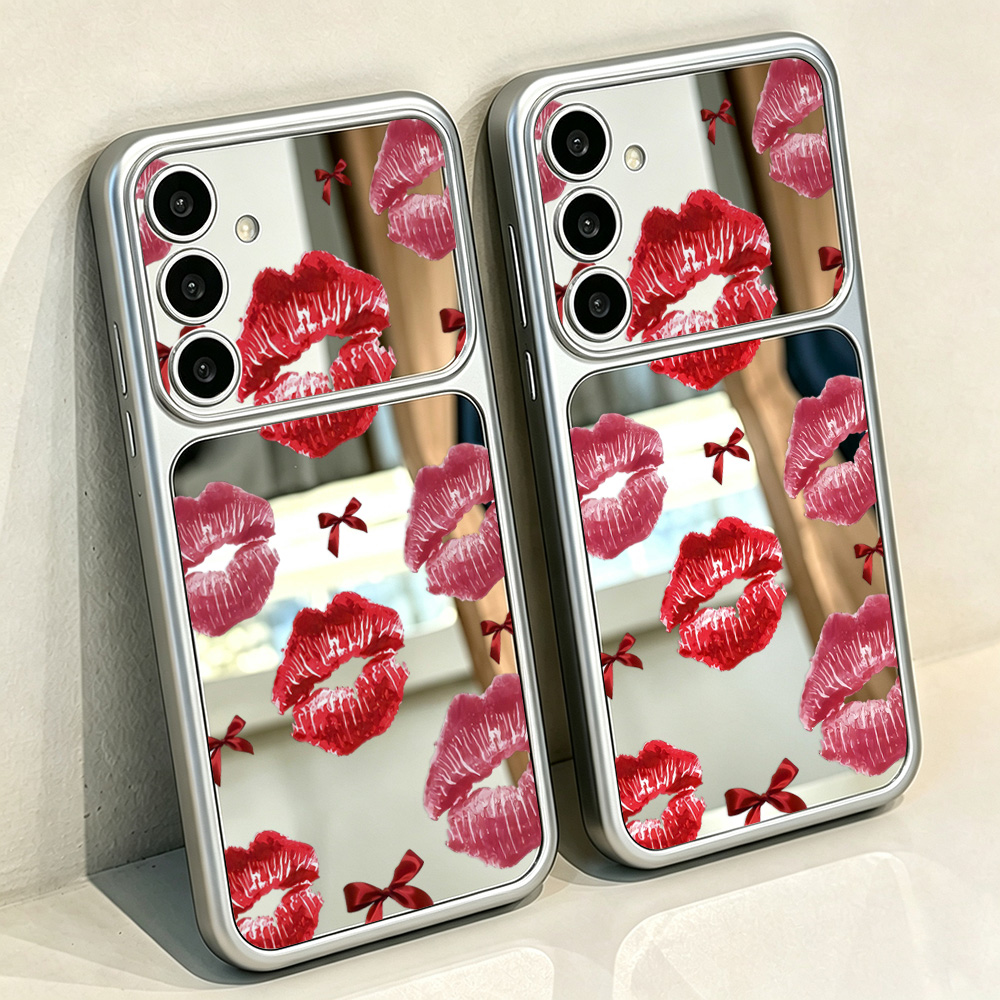 Computer Case - เคสโทรศัพท์ลายปากแดงโบว์พร้อมกระจก สำหรับ Samsung A57 A16 A56